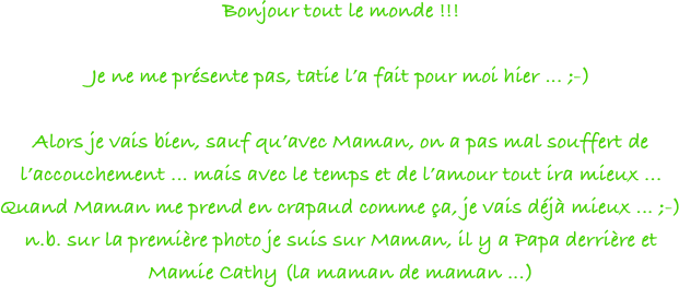 Bonjour tout le monde !!!

Je ne me présente pas, tatie l’a fait pour moi hier ... ;-)

Alors je vais bien, sauf qu’avec Maman, on a pas mal souffert de l’accouchement ... mais avec le temps et de l’amour tout ira mieux ... Quand Maman me prend en crapaud comme ça, je vais déjà mieux ... ;-)
n.b. sur la première photo je suis sur Maman, il y a Papa derrière et Mamie Cathy (la maman de maman ...)