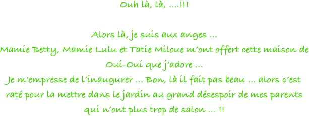 Ouh là, là, ....!!!

Alors là, je suis aux anges ... 
Mamie Betty, Mamie Lulu et Tatie Miloue m’ont offert cette maison de Oui-Oui que j’adore ... 
Je m’empresse de l’inaugurer ... Bon, là il fait pas beau ... alors c’est raté pour la mettre dans le jardin au grand désespoir de mes parents qui n’ont plus trop de salon ... !!