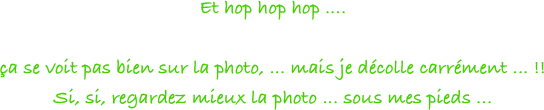 Et hop hop hop .... 

ça se voit pas bien sur la photo, ... mais je décolle carrément ... !!
Si, si, regardez mieux la photo ... sous mes pieds ...  