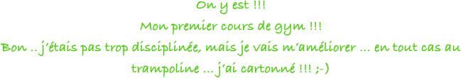 On y est !!! 
Mon premier cours de gym !!! 
Bon .. j’étais pas trop disciplinée, mais je vais m’améliorer ... en tout cas au trampoline ... j’ai cartonné !!! ;-)