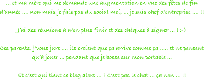 ... et ma mère qui me demande une augmentation en vue des fêtes de fin d’année .... non mais je fais pas du social moi, ... je suis chef d’entreprise .... !!

J’ai des réunions à n’en plus finir et des chèques à signer ... ! ;-)

Ces parents, j’vous jure .... ils croient que ça arrive comme ça ..... et ne pensent qu’à jouer ... pendant que je bosse sur mon portable ... 

Et c’est qui tient ce blog alors ... ? C’est pas le chat ... ça non ... !!
