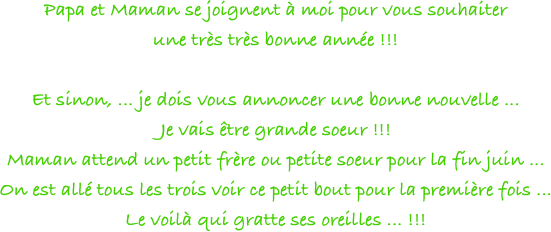 Papa et Maman se joignent à moi pour vous souhaiter 
une très très bonne année !!!

Et sinon, ... je dois vous annoncer une bonne nouvelle ... 
Je vais être grande soeur !!! 
Maman attend un petit frère ou petite soeur pour la fin juin ... 
On est allé tous les trois voir ce petit bout pour la première fois ... 
Le voilà qui gratte ses oreilles ... !!! 
