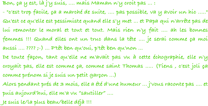 Bon, ça y est, là j'y suis, .... mais Maman n'y croit pas ... : 
- "c'est trop facile, ça a marché de suite, .... pas possible, va y avoir un hic ....." Qu'est ce qu'elle est pessimiste quand elle s'y met ... et Papa qui n'arrête pas de lui remonter le moral et tout et tout. Mais rien n'y fait .... ah les bonnes femmes !!! Quand elles ont un truc dans la tête .... je serai comme ça moi aussi .... ???? ;-) ... P'têt ben qu'oui, p'têt ben qu'non ... 
De toute façon, tant qu'elle ne m'avait pas vu à cette échographie, elle n'y croyait pas, elle est comme ça, comme saint Thomas ..... (Tiens , c'est joli ça comme prénom si je suis un petit garçon ...) 
Alors pendant prés de 3 mois, elle a été d'une humeur ... j'vous raconte pas .... et puis aujourd’hui, elle m'a vu “sautiller” .... 
Je suis le/la plus beau/belle déjà !!!