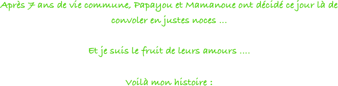 Après 7 ans de vie commune, Papayou et Mamanoue ont décidé ce jour là de convoler en justes noces ... 

Et je suis le fruit de leurs amours .... 

Voilà mon histoire :