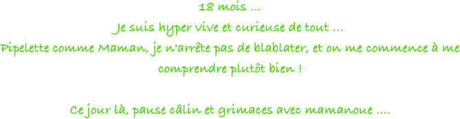 18 mois ...
Je suis hyper vive et curieuse de tout ...
Pipelette comme Maman, je n'arrête pas de blablater, et on me commence à me comprendre plutôt bien !

Ce jour là, pause câlin et grimaces avec mamanoue ....

