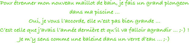 Pour étrenner mon nouveau maillot de bain, je fais un grand plongeon dans ma piscine ... 
Oui, je vous l’accorde, elle n’est pas bien grande ... 
C’est celle que j’avais l’année dernière et qu’il va falloir agrandir ... ;-) !
Je m’y sens comme une baleine dans un verre d’eau ... ;-)