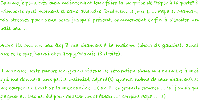 Comme je peux très bien maintenant leur faire la surprise de "taper à la porte" à n'importe quel moment et sans attendre forcément le Jour J, ... Papa et Maman, pas stressés pour deux sous jusqu'à présent, commencent enfin à s'exciter un petit peu ...
 
Alors ils ont un peu étoffé ma chambre à la maison (photo de gauche), ainsi que celle que j'aurai chez Papy/Mamie (à droite).
 
Il manque juste encore un grand rideau de séparation dans ma chambre à moi qui me donnera une petite intimité, séparé(e) quand même de leur chambrée et me couper du bruit de la mezzanine ...( ah !! les grands espaces ... "si j'avais pu gagner au loto cet été pour acheter un château ..." soupire Papa ... !!)